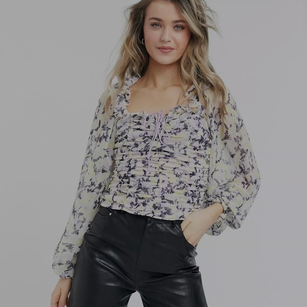 Free People Mable Garden Floral Printed Blouse Sz M Smocked Back Balloon Sleeve